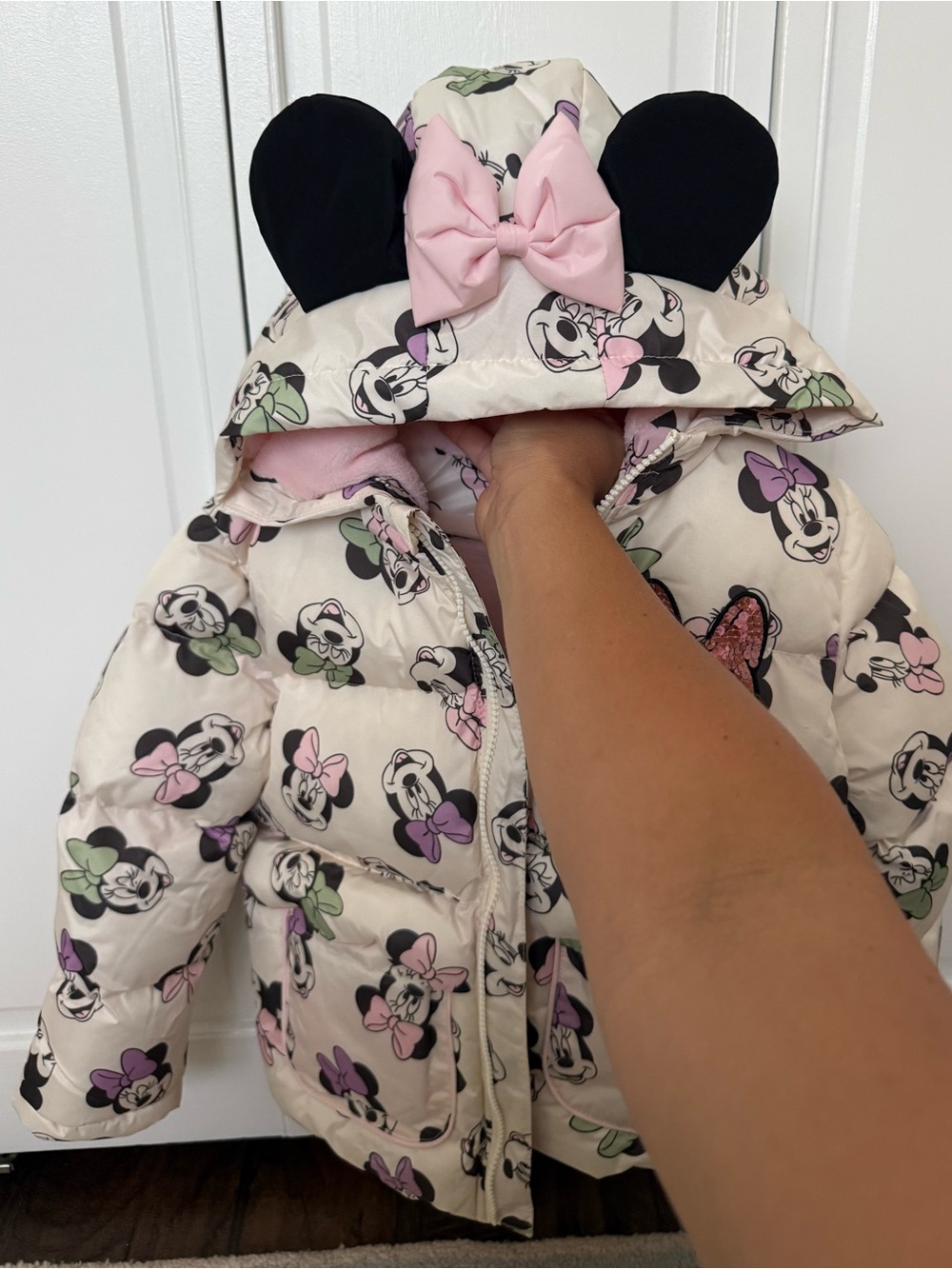 Disney Cream Minnie Mouse Hooded Puffer Jacket with Pink Bow & Black Ear Details